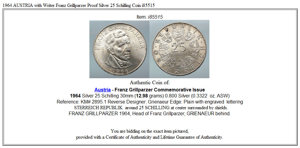 1964 AUSTRIA with Writer Franz Grillparzer OLD Silver 25 Schilling Coin i85515