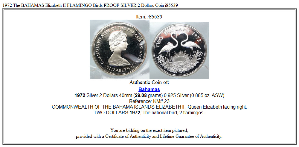 1972 The BAHAMAS Elizabeth II FLAMINGO Birds PROOF SILVER 2 Dollars Coin i85539