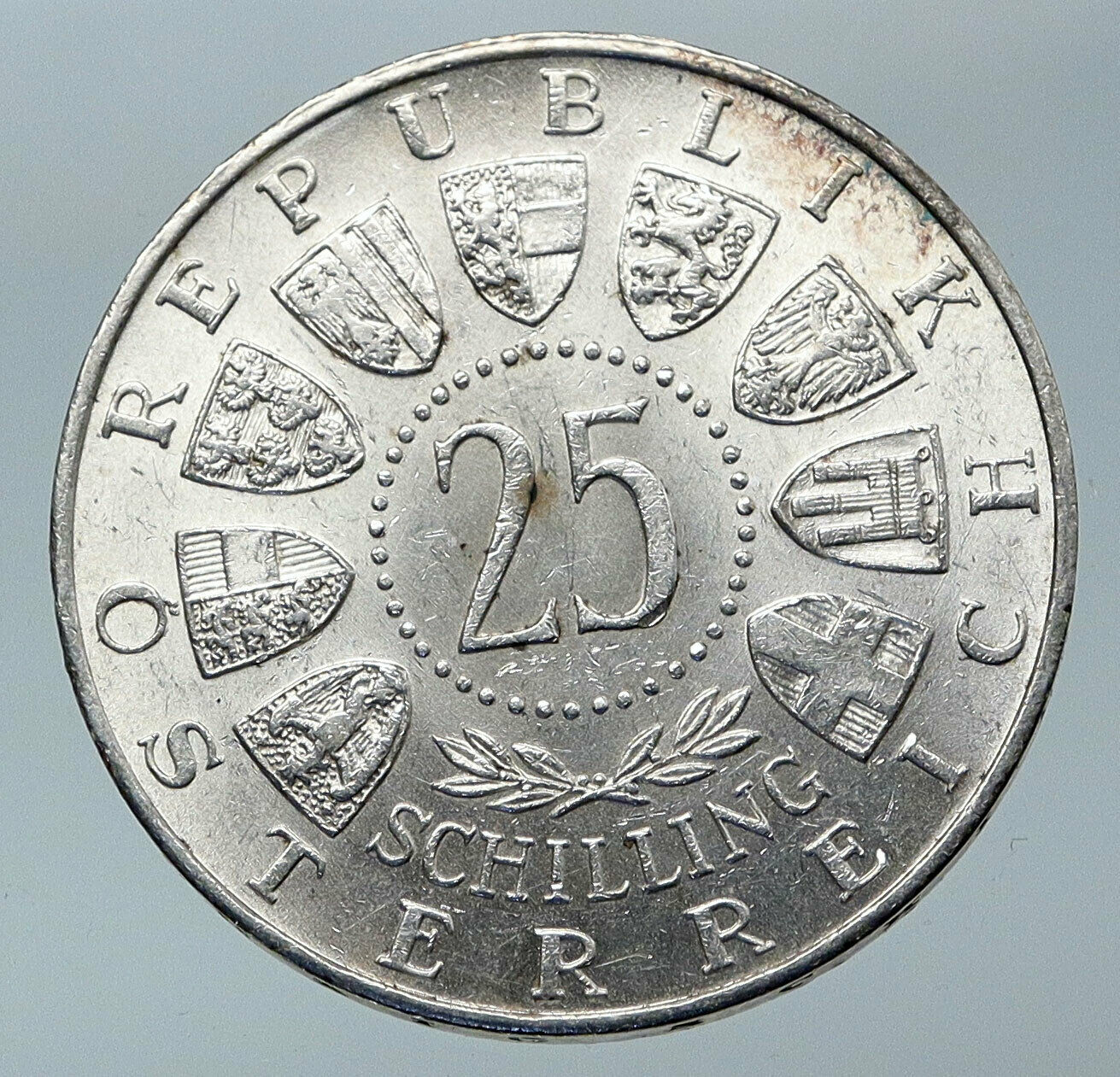 1956 AUSTRIA w Composer Musician Mozart Antique Silver 25 Schilling Coin i85542