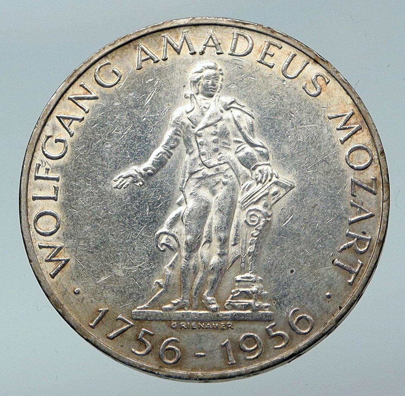 1956 AUSTRIA w Composer Musician Mozart Antique Silver 25 Schilling Coin i85518