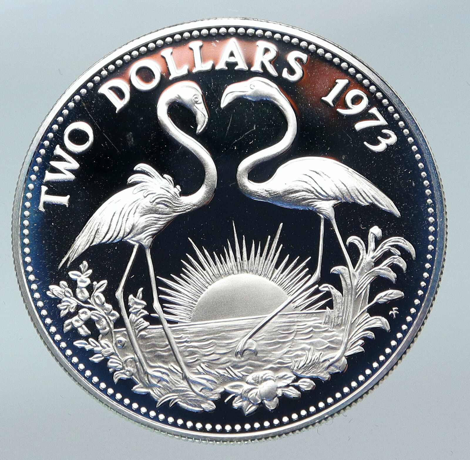 1973 The BAHAMAS Queen Elizabeth II FLAMINGO Genuine OLD Silver $2 Coin i85522