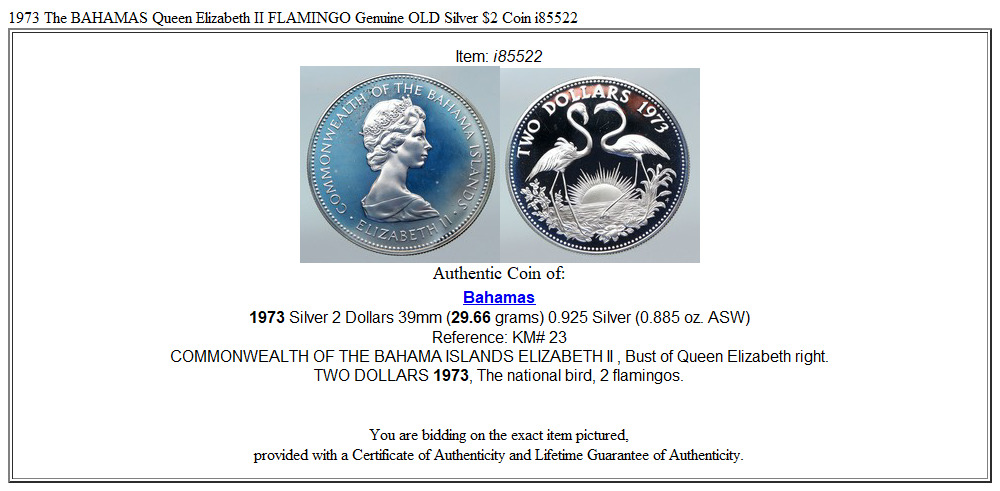 1973 The BAHAMAS Queen Elizabeth II FLAMINGO Genuine OLD Silver $2 Coin i85522