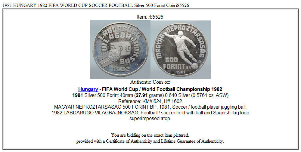 1981 HUNGARY 1982 FIFA WORLD CUP SOCCER FOOTBALL Silver 500 Forint Coin i85526