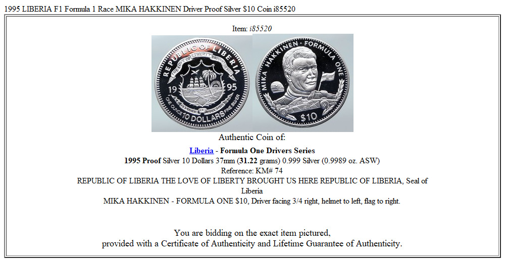 1995 LIBERIA F1 Formula 1 Race MIKA HAKKINEN Driver Proof Silver $10 Coin i85520