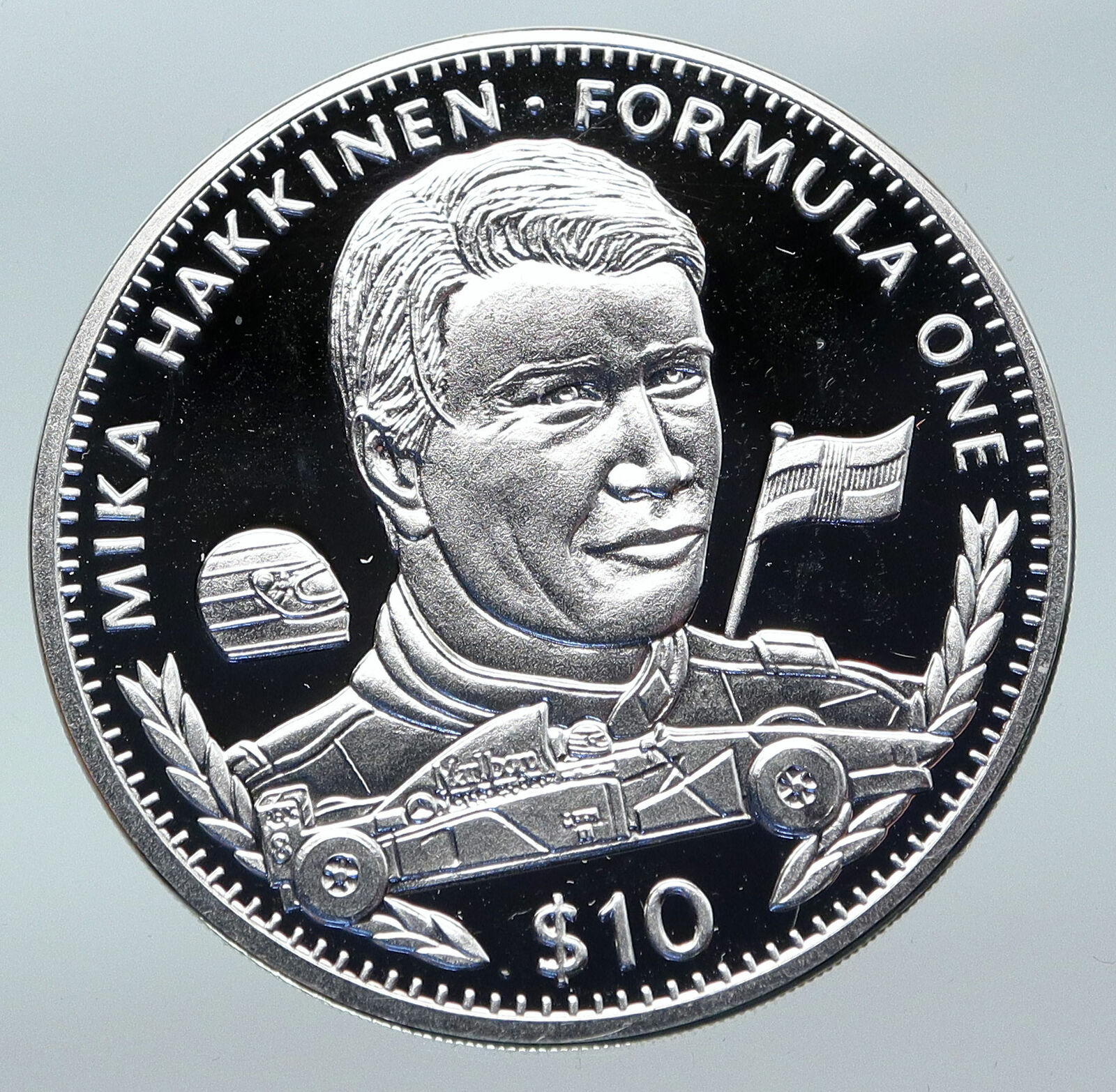 1995 LIBERIA F1 Formula 1 Race MIKA HAKKINEN Driver Proof Silver $10 Coin i85520