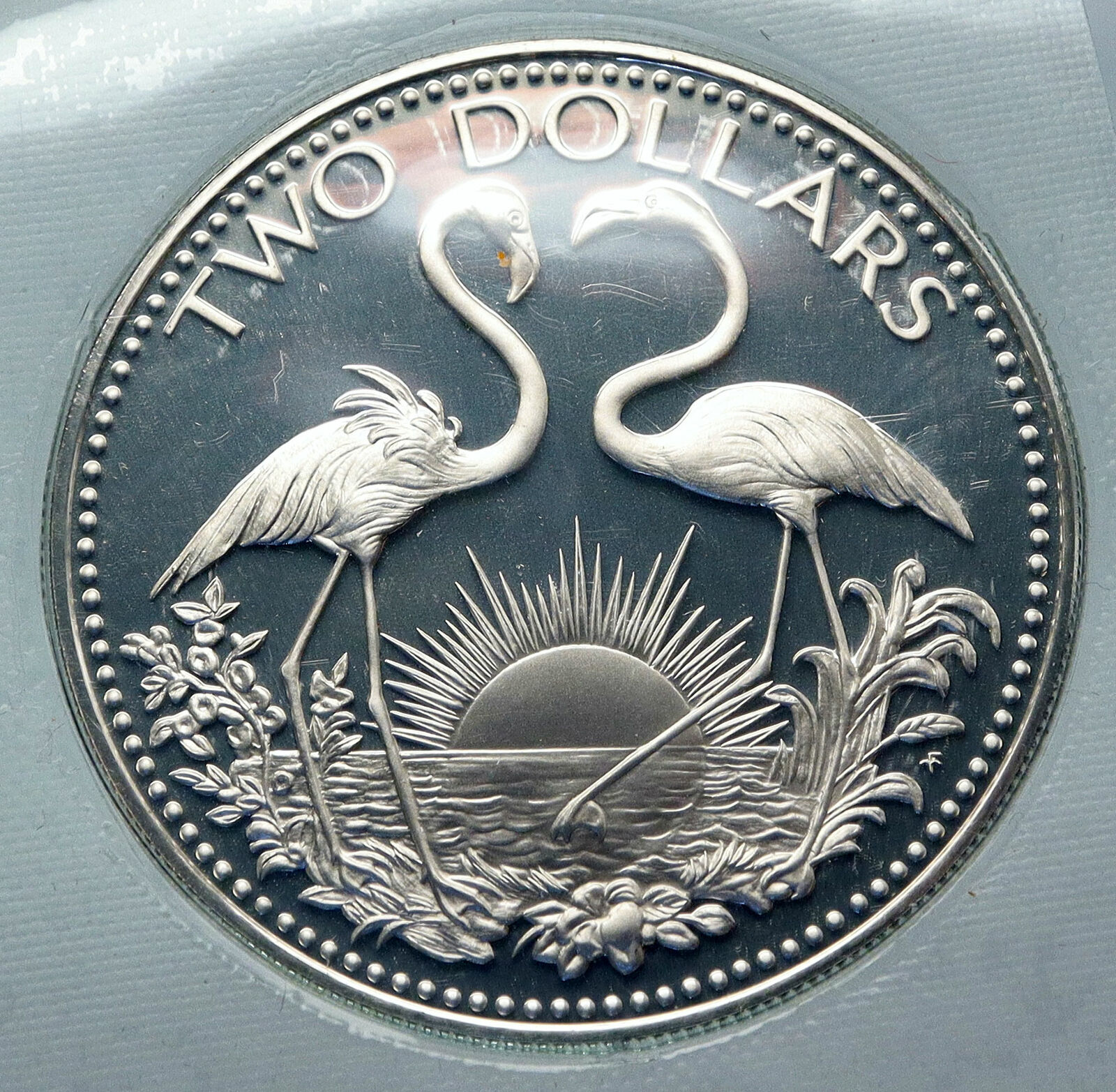 1975 The BAHAMAS Islands TWO FLAMINGOS Vintage Proof Silver 2 Dollar Coin i85527