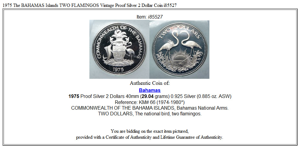 1975 The BAHAMAS Islands TWO FLAMINGOS Vintage Proof Silver 2 Dollar Coin i85527