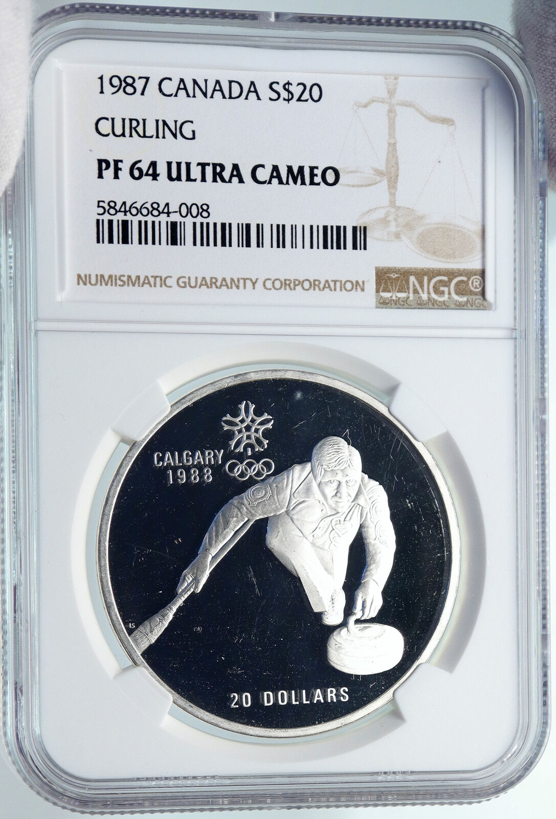 1987 CANADA 1988 CALGARY OLYMPICS Ice Curling Proof Silver $20 Coin NGC i85343