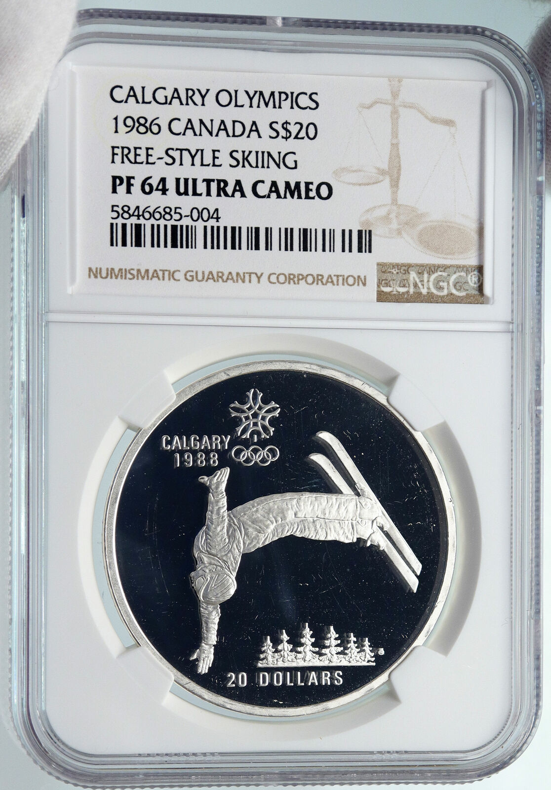 1986 CANADA 1988 CALGARY OLYMPICS Free-X Skiing Proof Silver $20 Coin NGC i85354