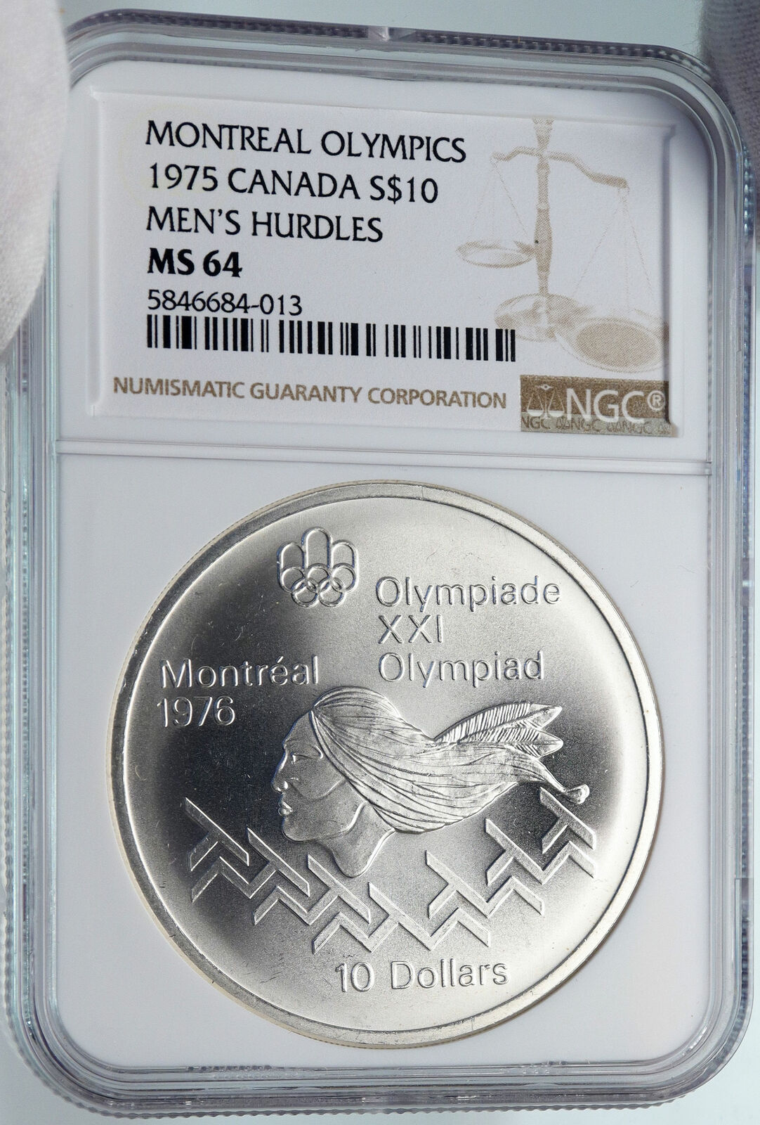 1975 CANADA Elizabeth II Olympics Montreal Men HURDLES Silver 10 Coin NGC i85348