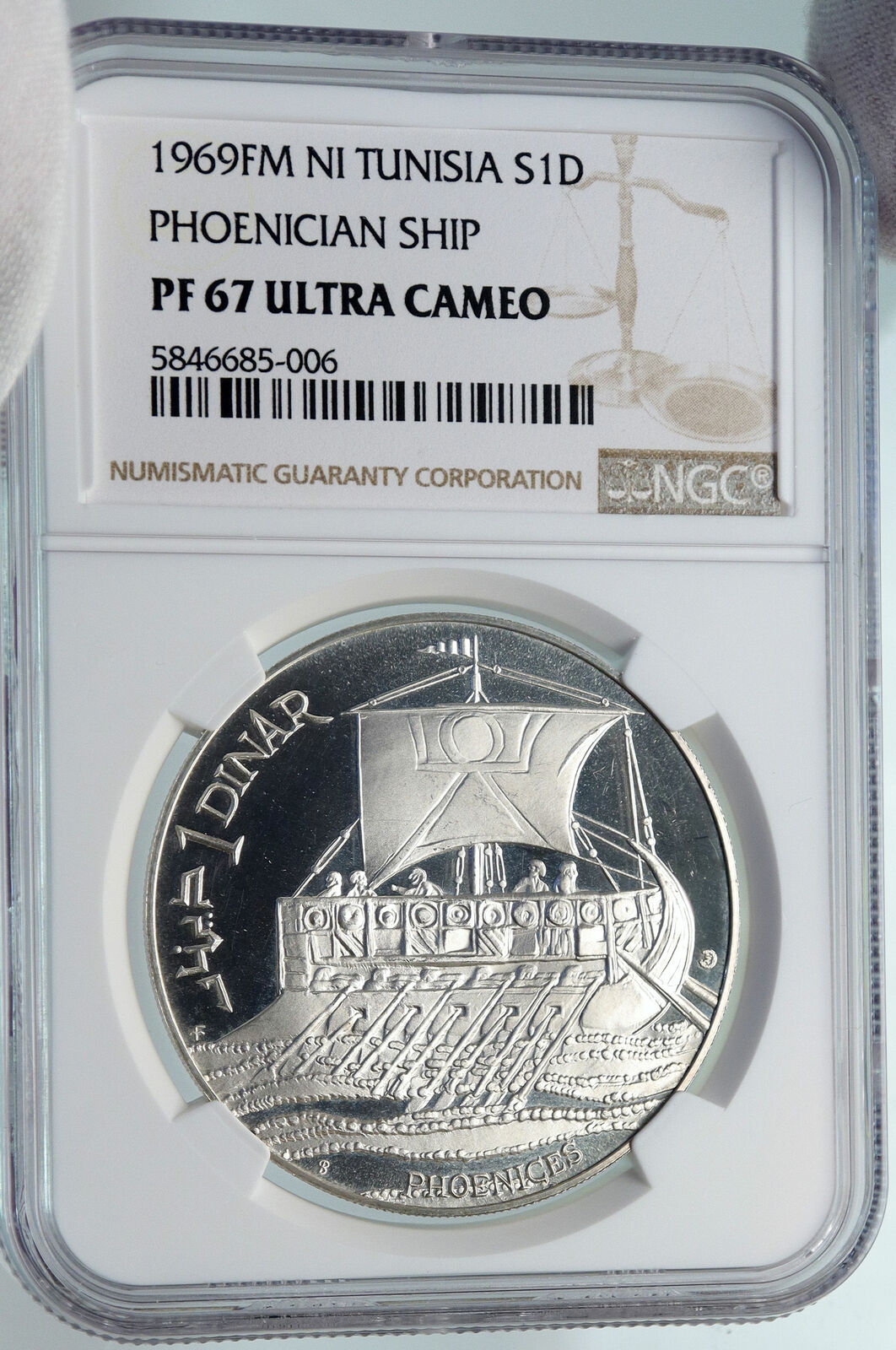 1969 TUNISIA Historical GREEK PHOENICIAN SHIP Proof Silver Dinar Coin NGC i85356