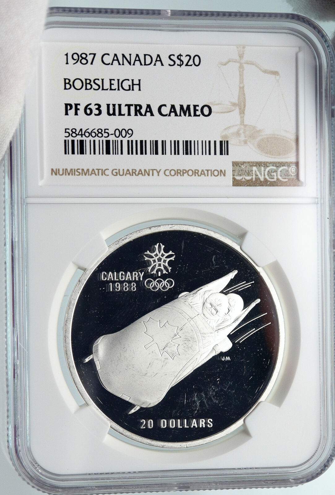 1987 CANADA 1988 CALGARY OLYMPICS Bobsled LUGE Proof Silver $20 Coin NGC i85359