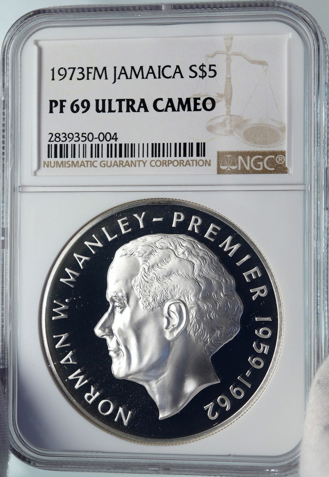 1973 JAMAICA Proof HUGE 4.5cm Premier Norman W Manley Silver $5 Coin NGC i85369