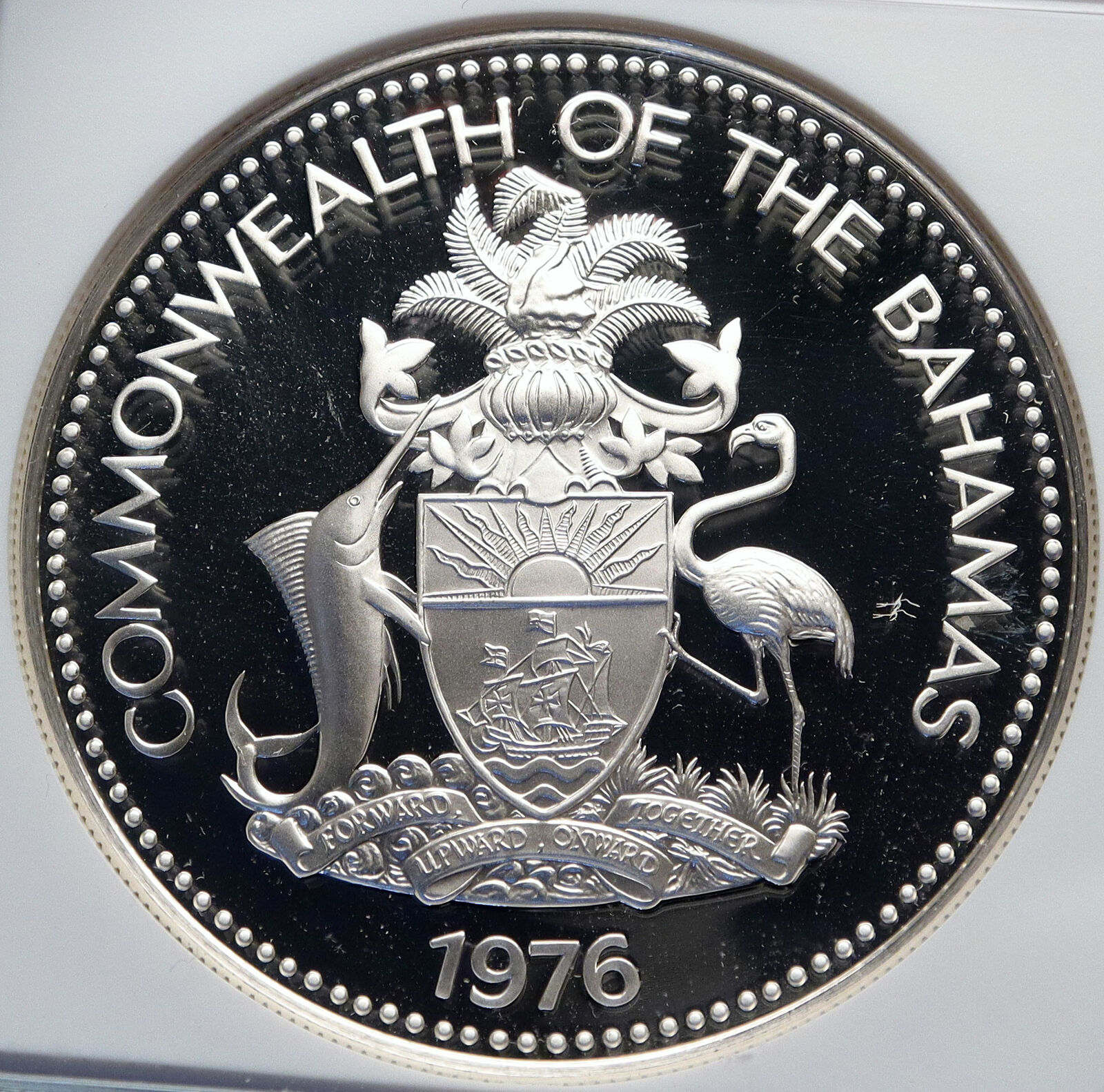 1976 BAHAMAS UK Queen Elizabeth II FLAG Old Proof Silver Coin $5 Coin NGC i85368