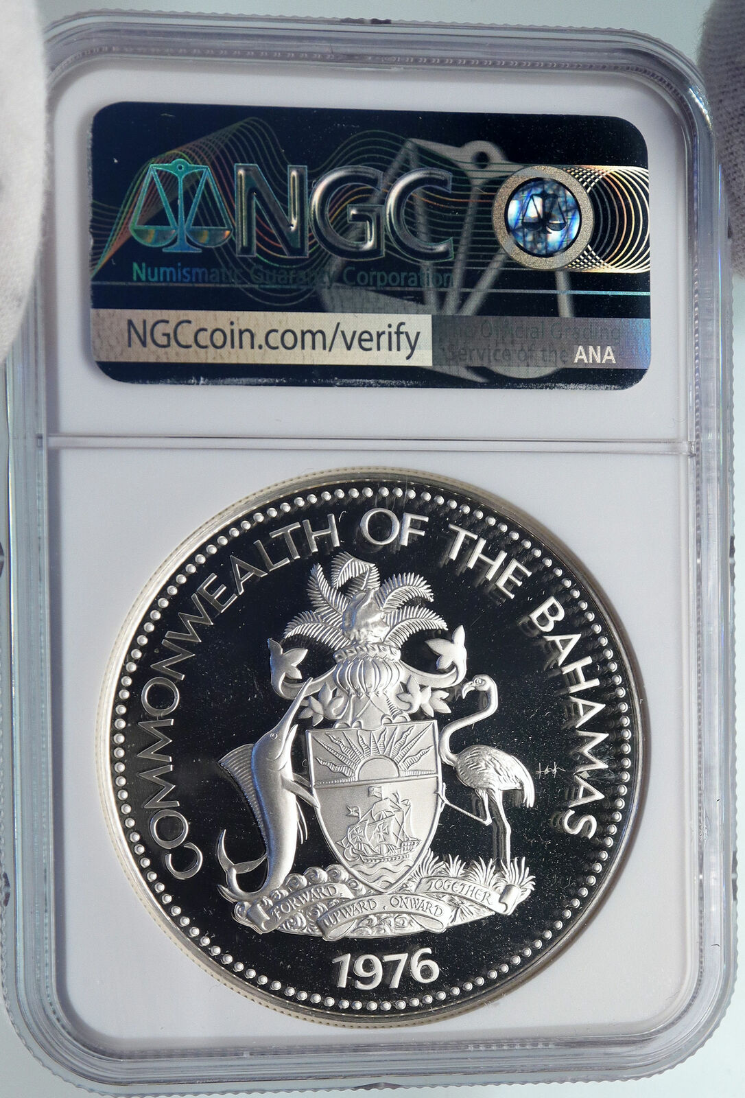 1976 BAHAMAS UK Queen Elizabeth II FLAG Old Proof Silver Coin $5 Coin NGC i85368