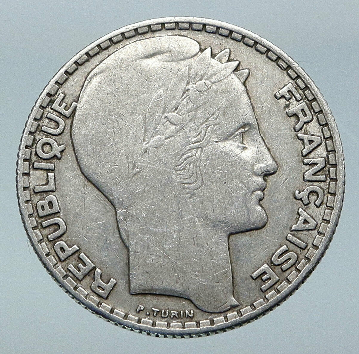 1932 FRANCE w Marianne FRENCH MOTTO Antique VINTAGE Silver 10 Francs Coin i85569