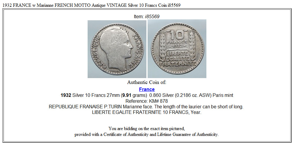 1932 FRANCE w Marianne FRENCH MOTTO Antique VINTAGE Silver 10 Francs Coin i85569