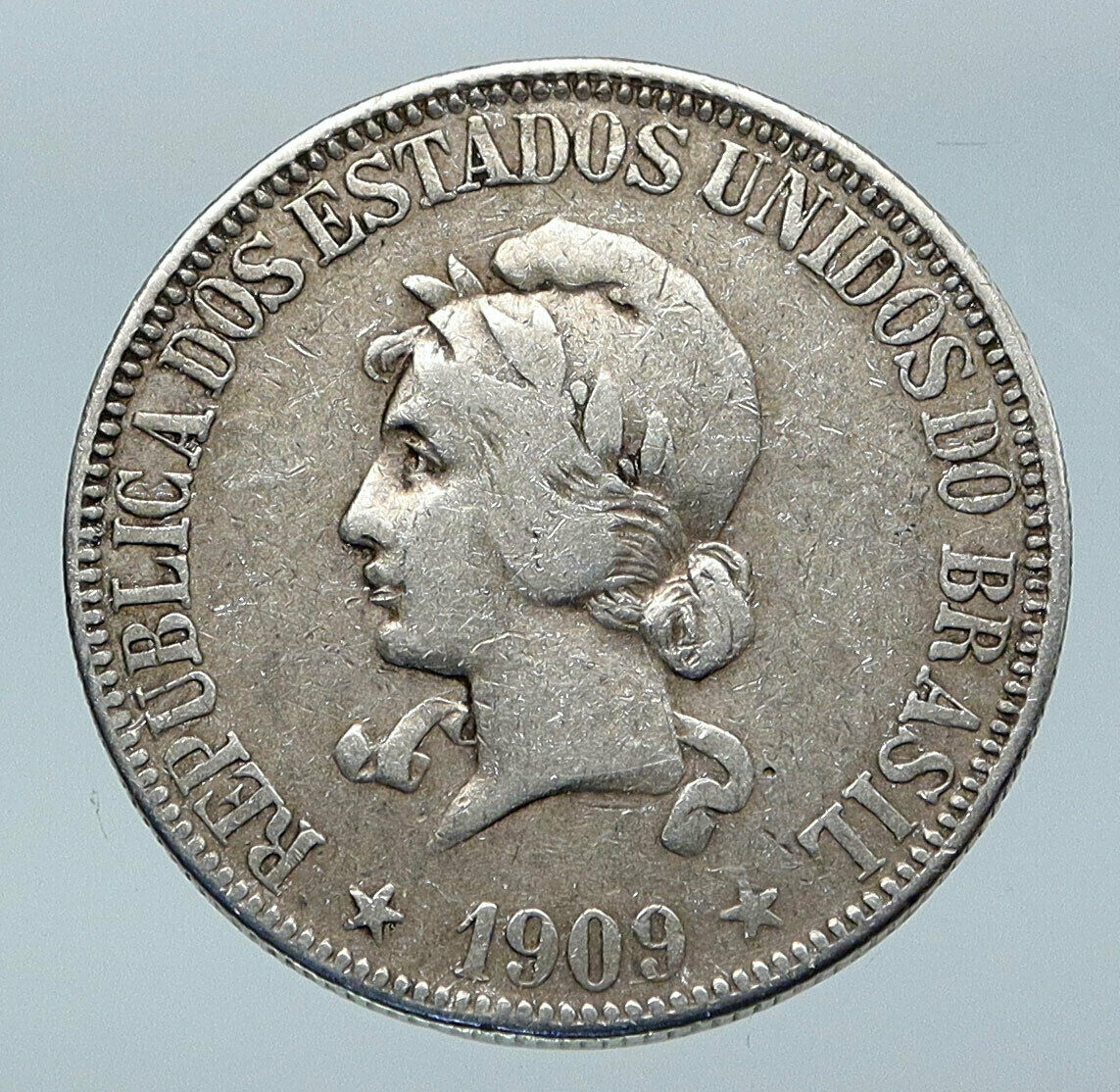 1909 BRAZIL w LIBERTY & CAP Silver OLD ANTIQUE 1000 Reis Brazilian Coin i85570