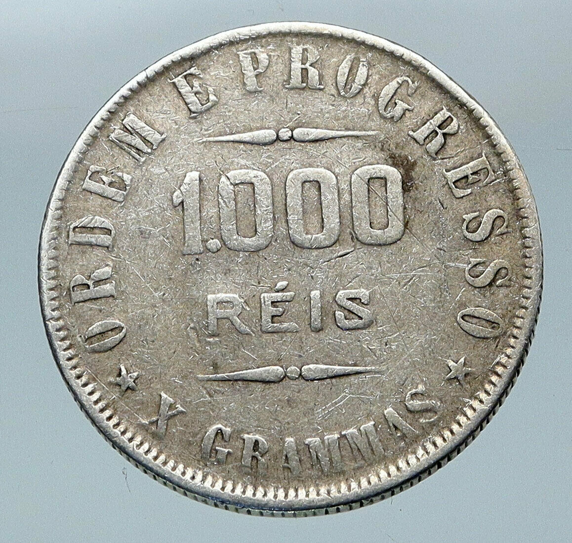 1909 BRAZIL w LIBERTY & CAP Silver OLD ANTIQUE 1000 Reis Brazilian Coin i85570