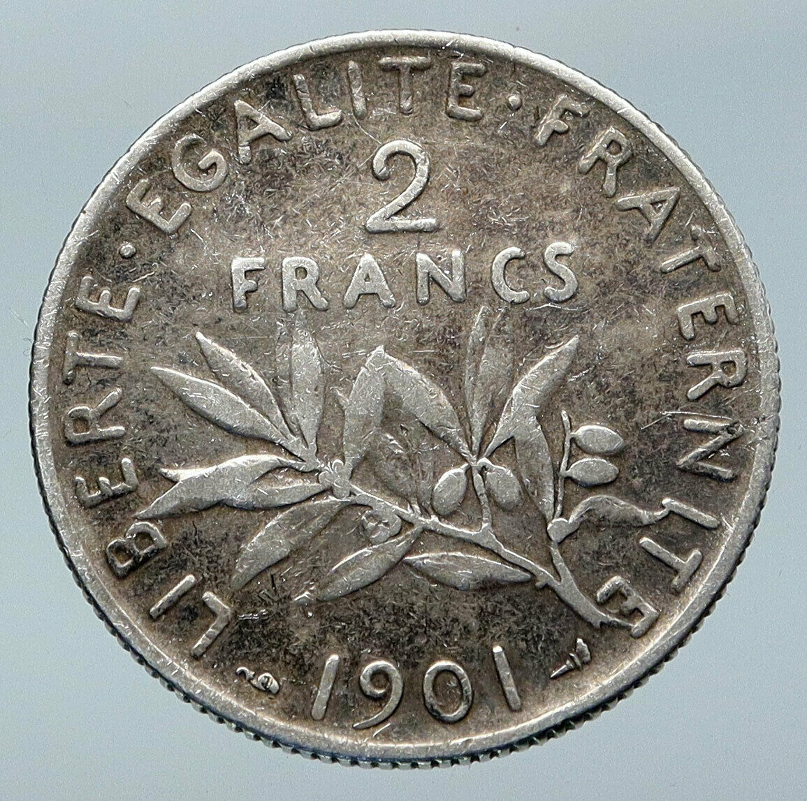 1901 FRANCE Antique Silver 2 Francs French Coin w La Semeuse Sower Woman i85573