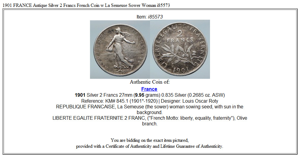 1901 FRANCE Antique Silver 2 Francs French Coin w La Semeuse Sower Woman i85573