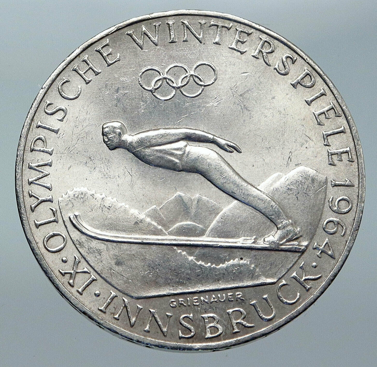 1964 AUSTRIA Innsbruck Winter Olympic Games SKIING OLD Silver 50Shlg Coin i85574