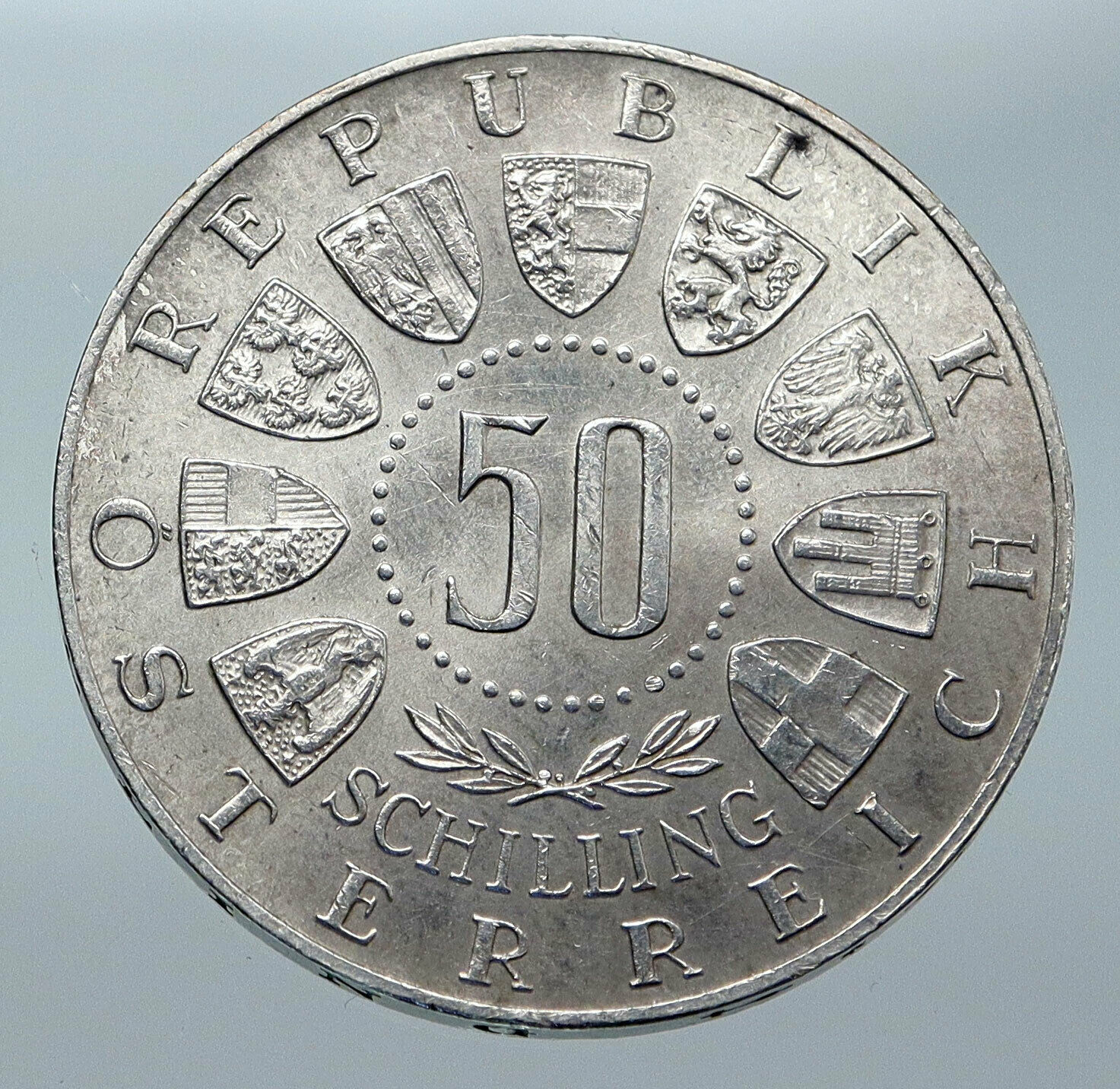 1964 AUSTRIA Innsbruck Winter Olympic Games SKIING OLD Silver 50Shlg Coin i85574