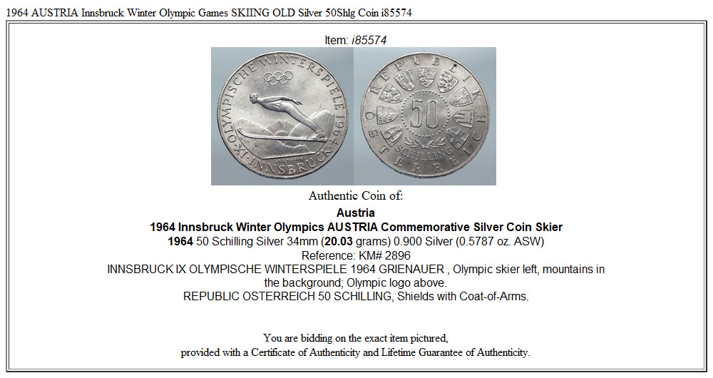 1964 AUSTRIA Innsbruck Winter Olympic Games SKIING OLD Silver 50Shlg Coin i85574