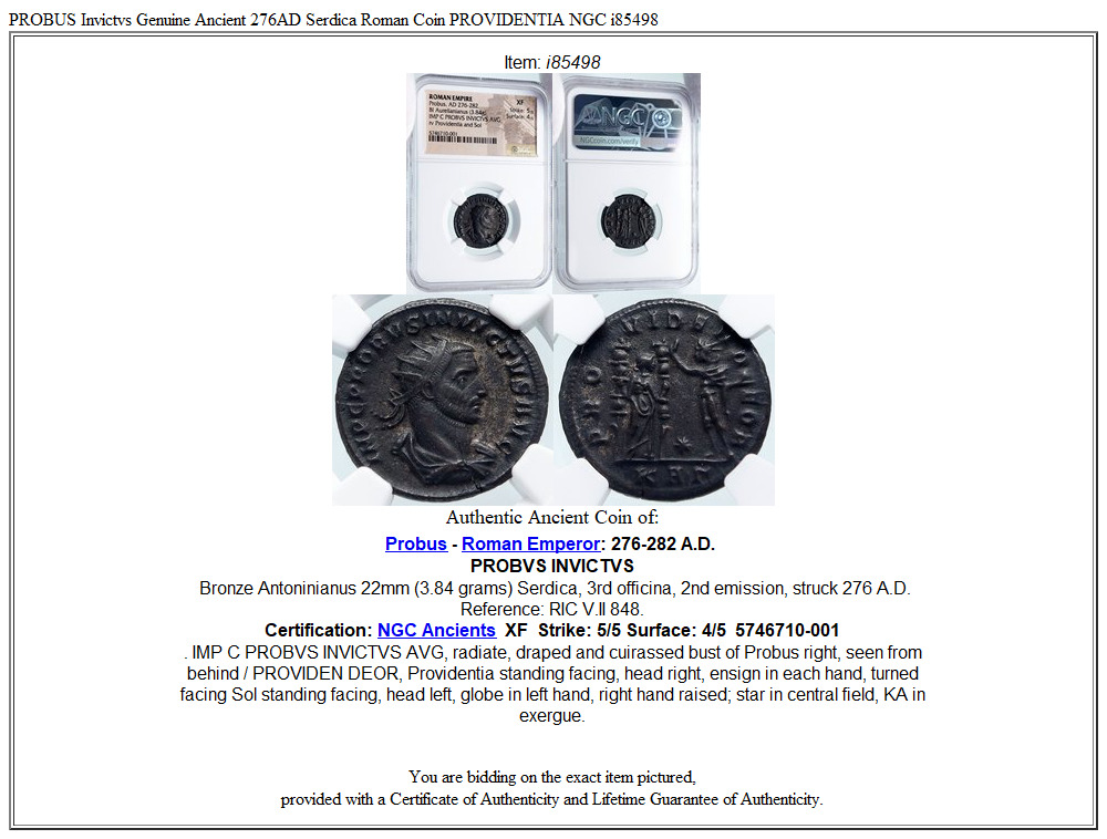 PROBUS Invictvs Genuine Ancient 276AD Serdica Roman Coin PROVIDENTIA NGC i85498