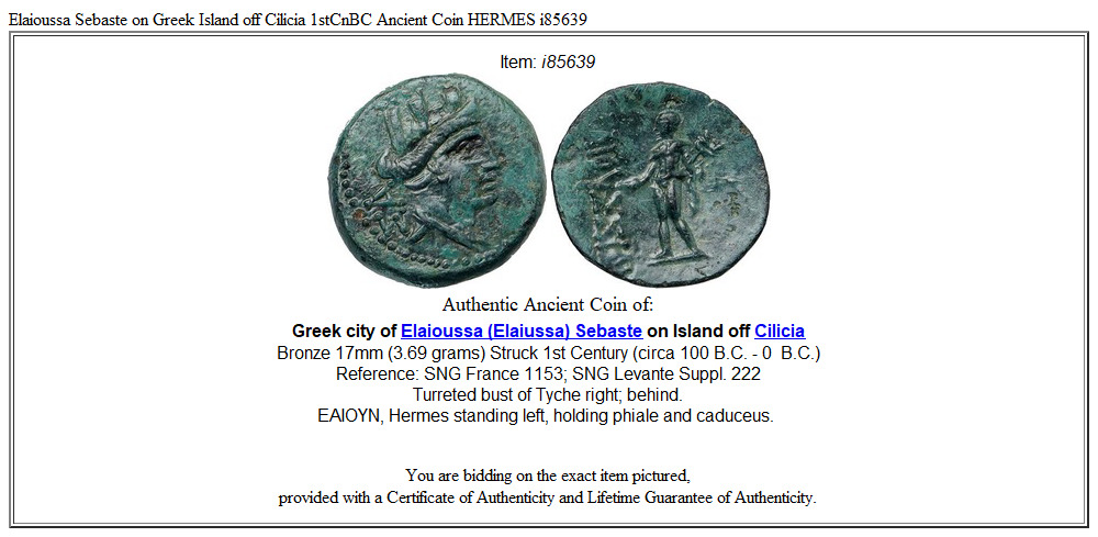 Elaioussa Sebaste on Greek Island off Cilicia 1stCnBC Ancient Coin HERMES i85639