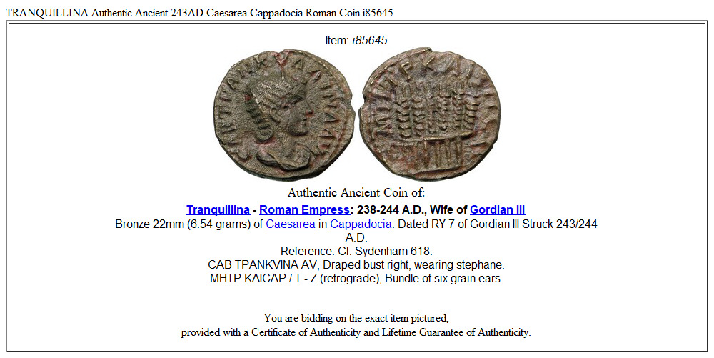 TRANQUILLINA Authentic Ancient 243AD Caesarea Cappadocia Roman Coin i85645