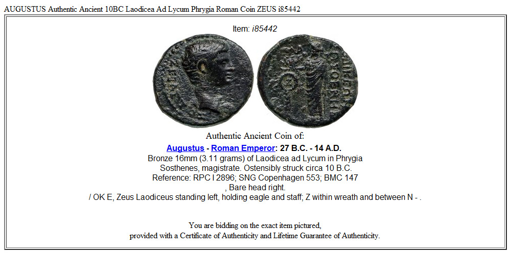 AUGUSTUS Authentic Ancient 10BC Laodicea Ad Lycum Phrygia Roman Coin ZEUS i85442