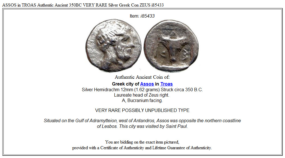 ASSOS in TROAS Authentic Ancient 350BC VERY RARE Silver Greek Con ZEUS i85433