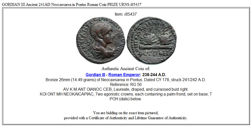 GORDIAN III Ancient 241AD Neocaesarea in Pontus Roman Coin PRIZE URNS i85437