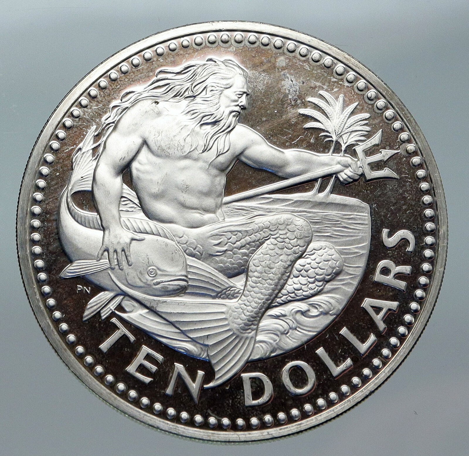 1973 BARBADOS Huge 4.2cm VINTAGE NEPTUNE Old Proof Silver 10 Dollars Coin i85584