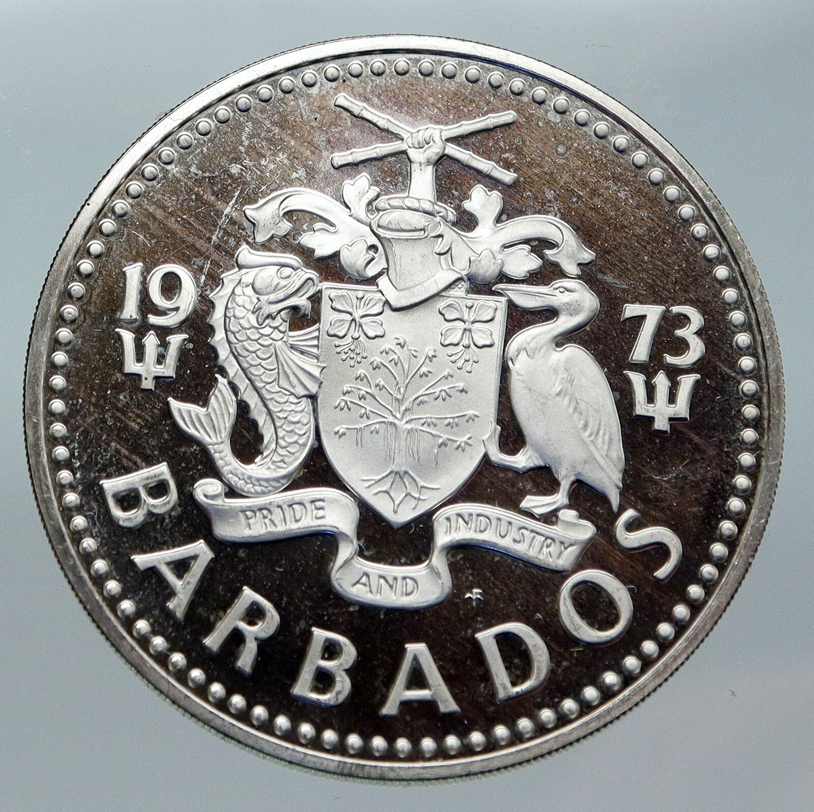 1973 BARBADOS Huge 4.2cm VINTAGE NEPTUNE Old Proof Silver 10 Dollars Coin i85584