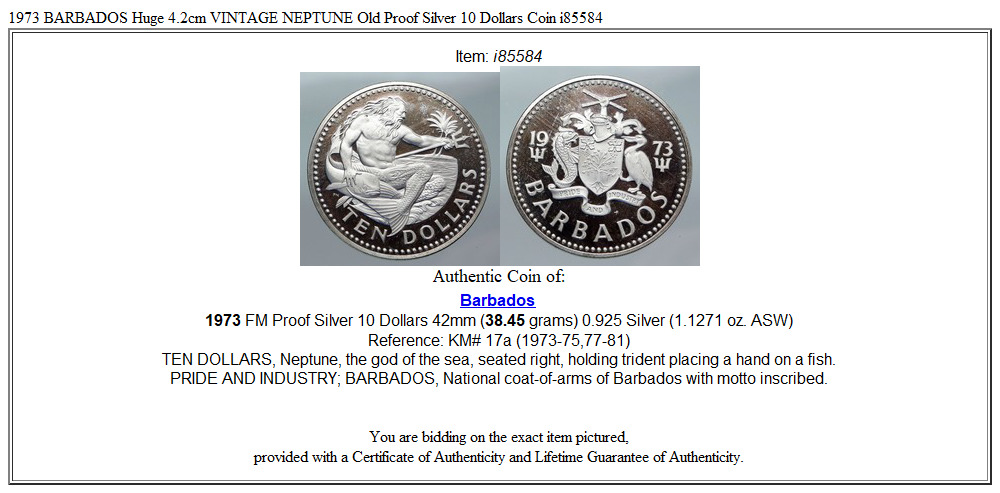 1973 BARBADOS Huge 4.2cm VINTAGE NEPTUNE Old Proof Silver 10 Dollars Coin i85584