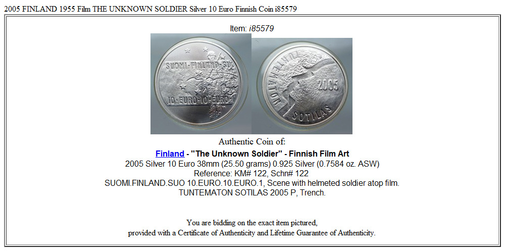 2005 FINLAND 1955 Film THE UNKNOWN SOLDIER Silver 10 Euro Finnish Coin i85579