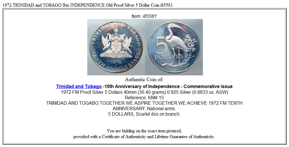 1972 TRINIDAD and TOBAGO Ibis INDEPENDENCE Old Proof Silver 5 Dollar Coin i85581