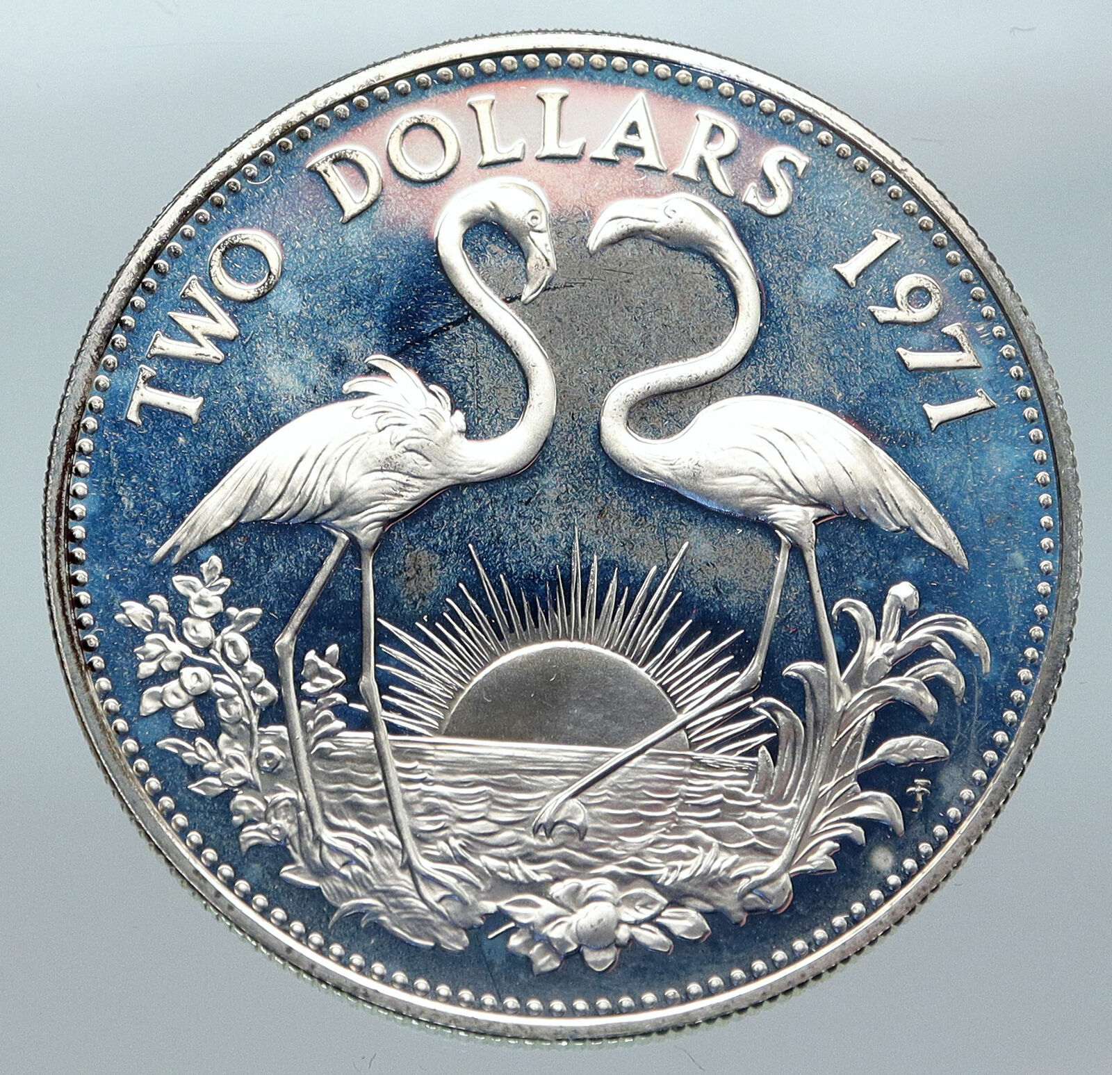 1971 The BAHAMAS Elizabeth II FLAMINGO Birds PROOF SILVER 2 Dollars Coin i85577