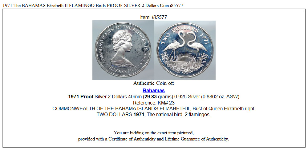 1971 The BAHAMAS Elizabeth II FLAMINGO Birds PROOF SILVER 2 Dollars Coin i85577