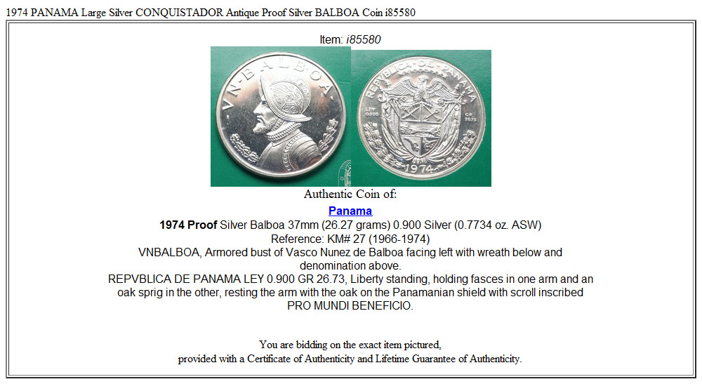 1974 PANAMA Large Silver CONQUISTADOR Antique Proof Silver BALBOA Coin i85580