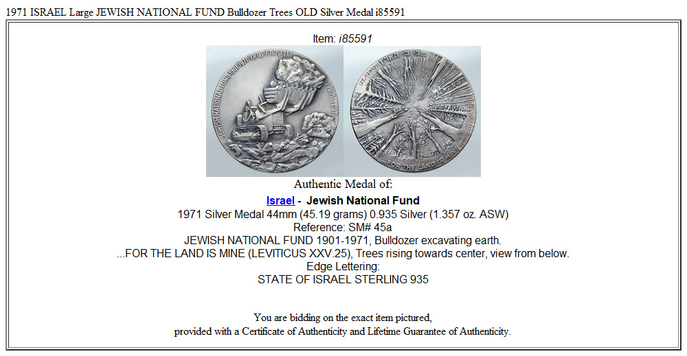 1971 ISRAEL Large JEWISH NATIONAL FUND Bulldozer Trees OLD Silver Medal i85591