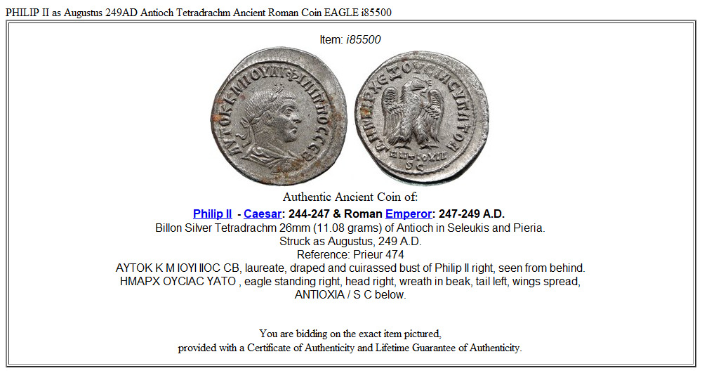 PHILIP II as Augustus 249AD Antioch Tetradrachm Ancient Roman Coin EAGLE i85500