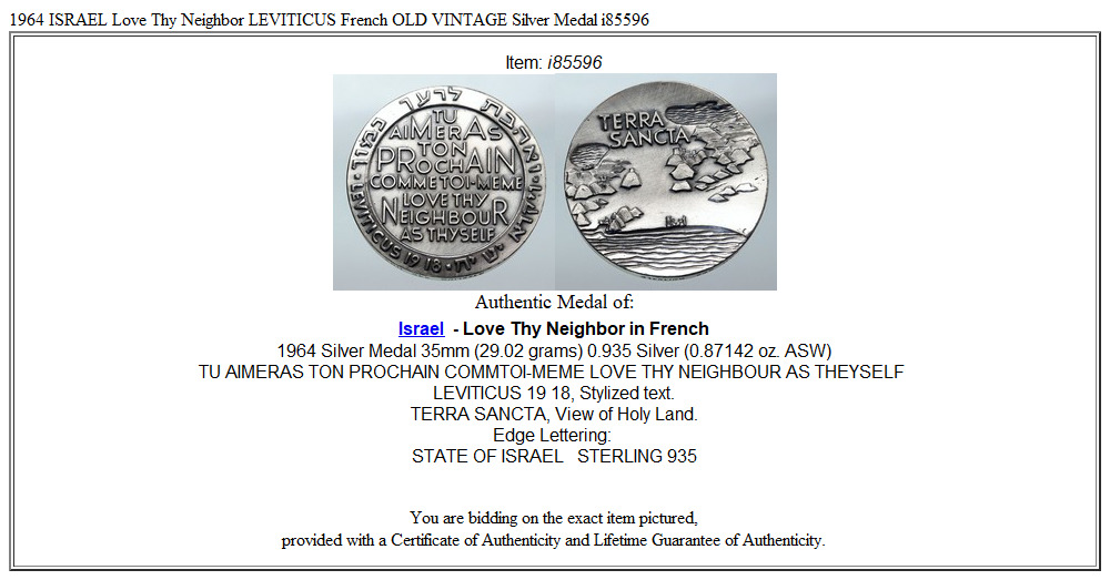 1964 ISRAEL Love Thy Neighbor LEVITICUS French OLD VINTAGE Silver Medal i85596