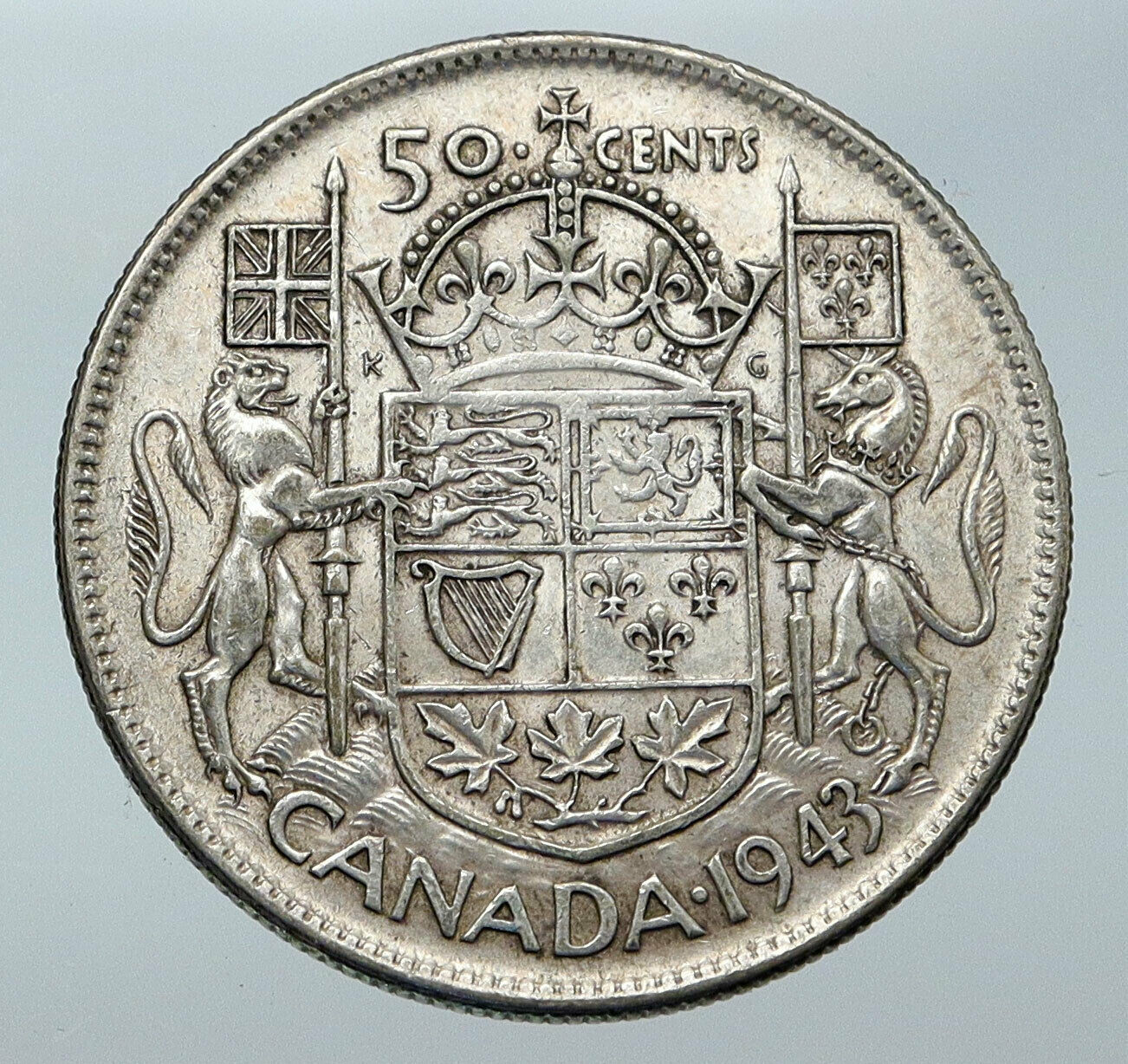 1943 CANADA UK King GEORGE VI Lions Crown Large Old SILVER 50 Cents Coin i85601