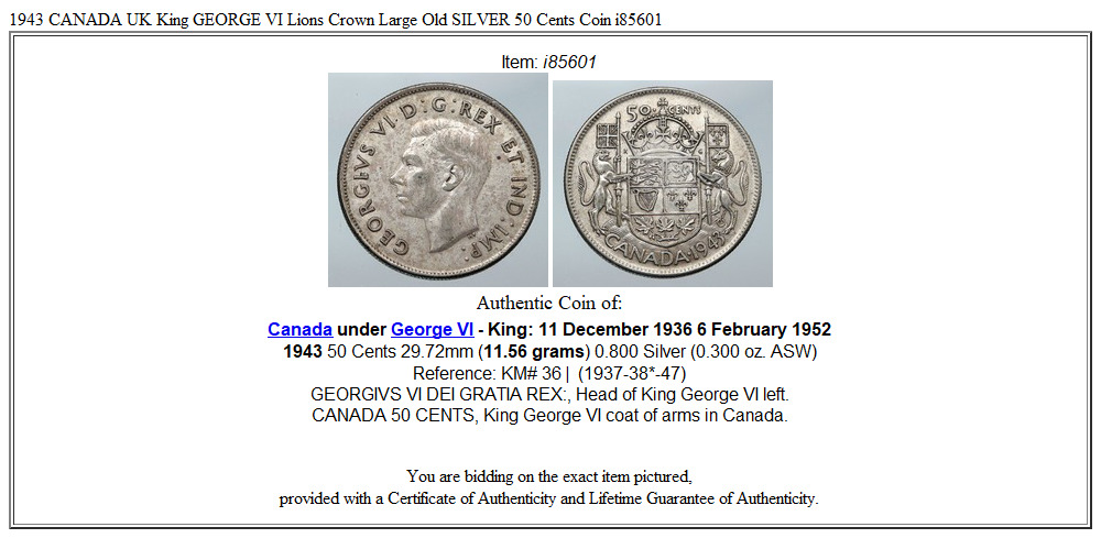 1943 CANADA UK King GEORGE VI Lions Crown Large Old SILVER 50 Cents Coin i85601