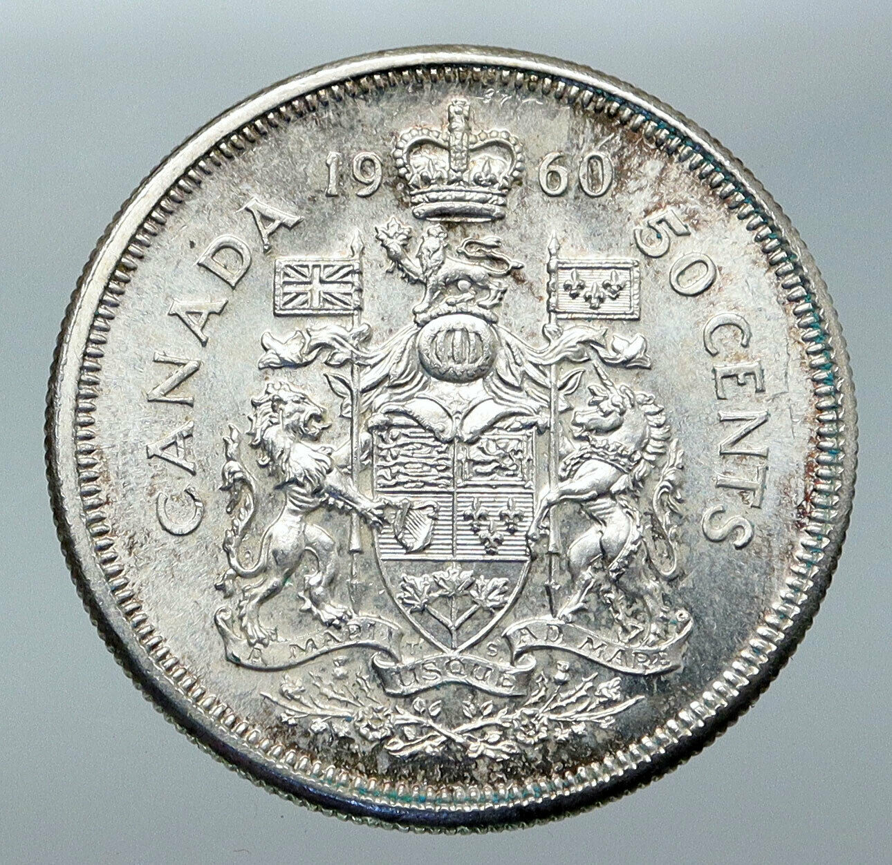 1960 CANADA Queen Elizabeth II Arms Crown VINTAGE SILVER 50 Cents Coin i85600