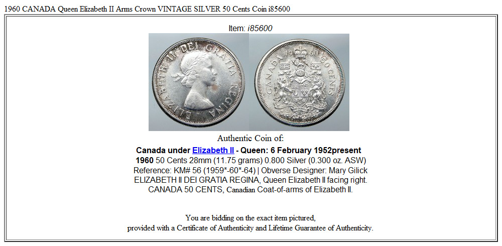 1960 CANADA Queen Elizabeth II Arms Crown VINTAGE SILVER 50 Cents Coin i85600