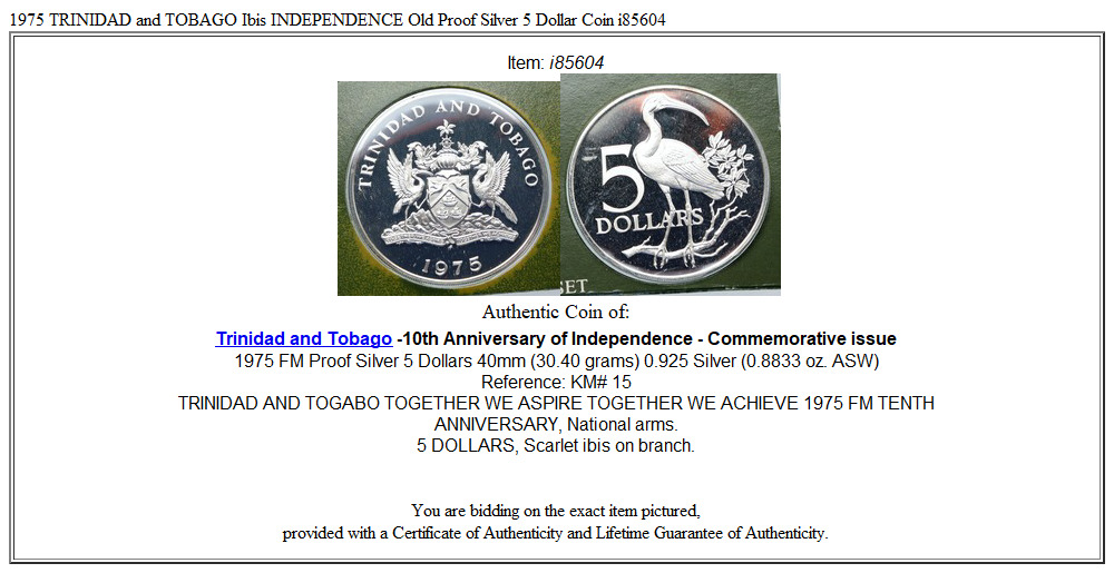 1975 TRINIDAD and TOBAGO Ibis INDEPENDENCE Old Proof Silver 5 Dollar Coin i85604